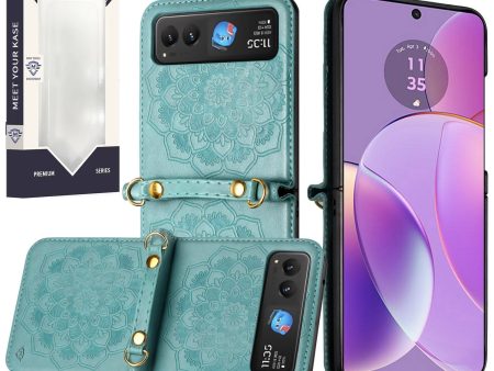 Metkase Embossed Floral Design Case With Strap In Slide-Out Package For Motorola Razr 2023 - Teal Online Sale