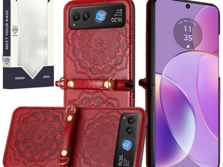 Metkase Embossed Floral Design Case With Strap In Slide-Out Package For Motorola Razr 2023 - Red Online Sale