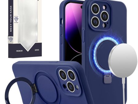 Metkase Magnetic Ring Stand Liquid Silicone Case for iPhone 15 Plus - Navy Blue For Cheap