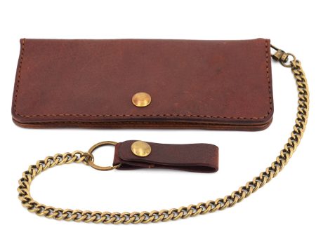 Long Leather Wallet w  Chain (Brass & Brown) For Sale