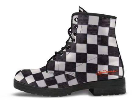 B&W Checkerboard Leather Boots (Vegan) For Discount